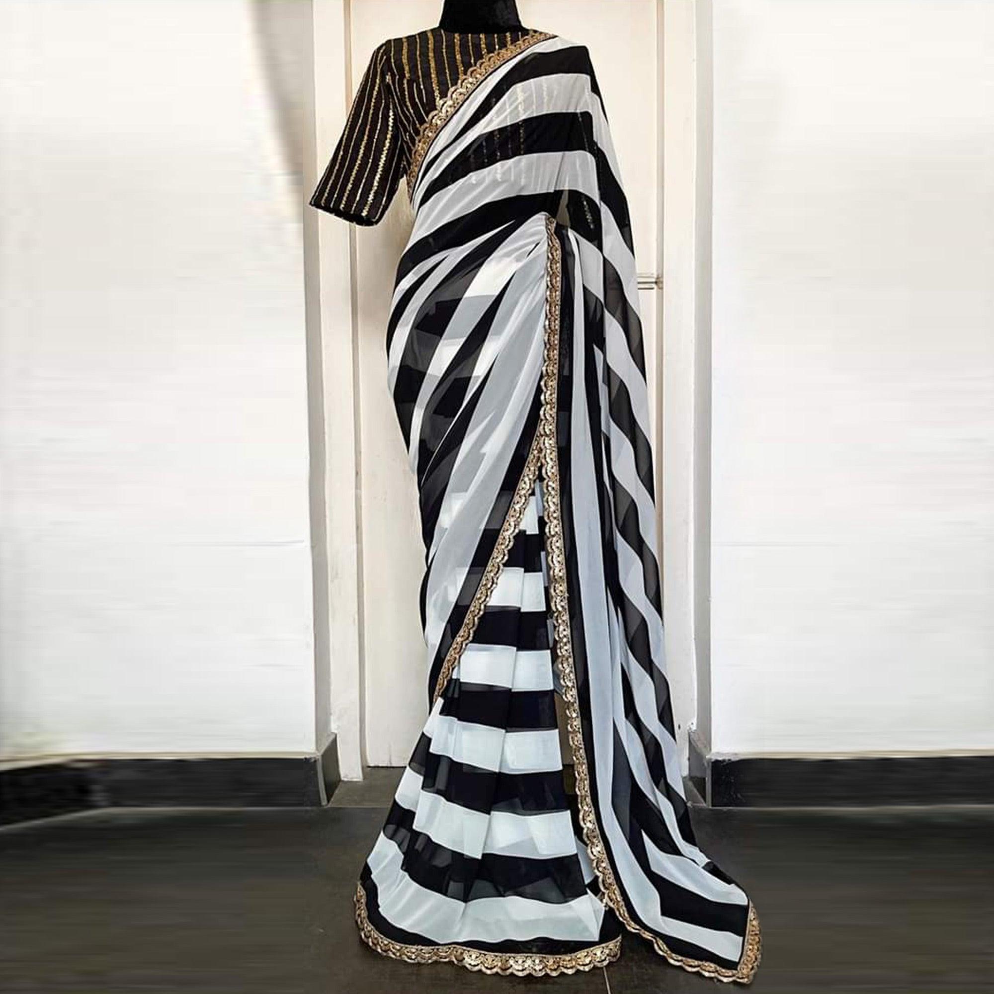 White-Black Party Wear Embellished Georgette Saree - Peachmode