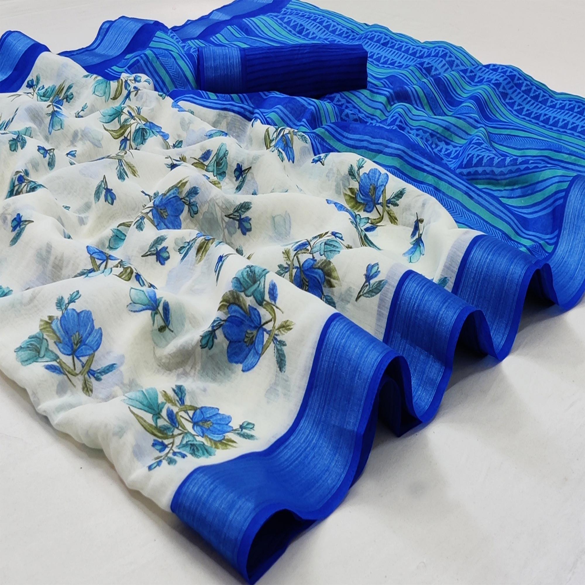 White-Blue Casual Wear Floral Mill Printed Cotton Saree With Zari Border - Peachmode
