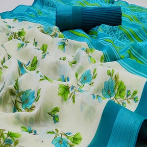 White-Blue Casual Wear Floral Mill Printed Cotton Saree With Zari Border - Peachmode