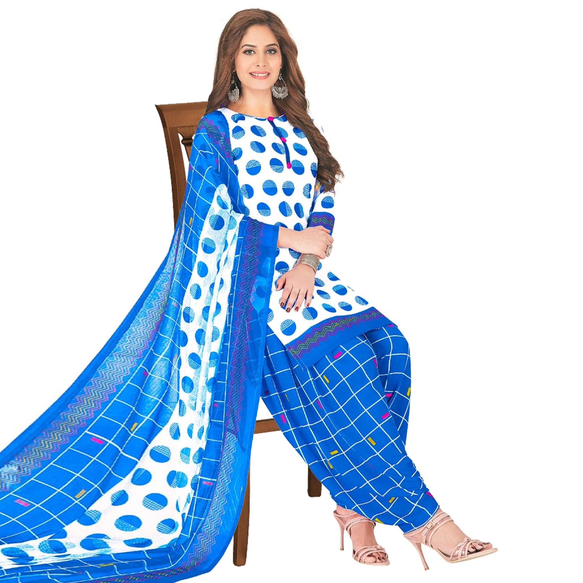 White - Blue Casual Wear Printed Poly Crepe Patiala Dress Material - Peachmode