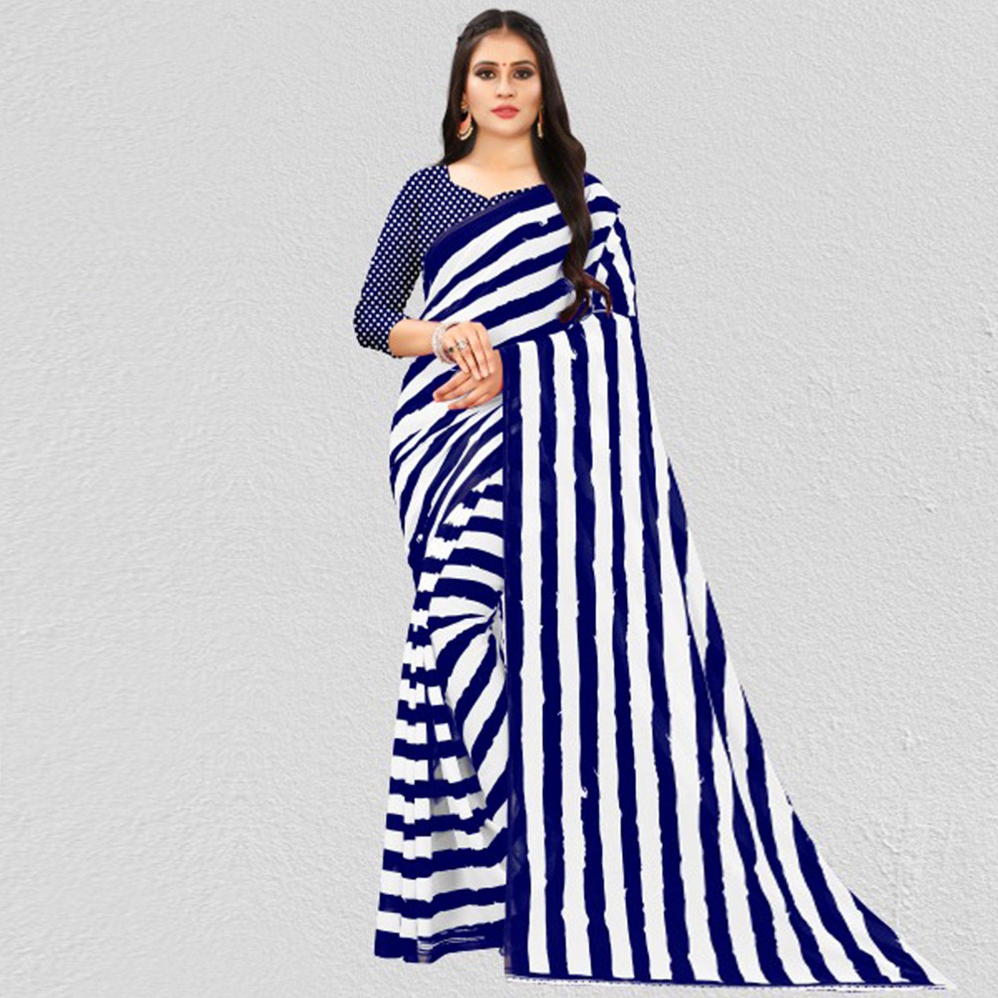 White-Blue Casual Wear Stripe Printed Georgette Saree - Peachmode
