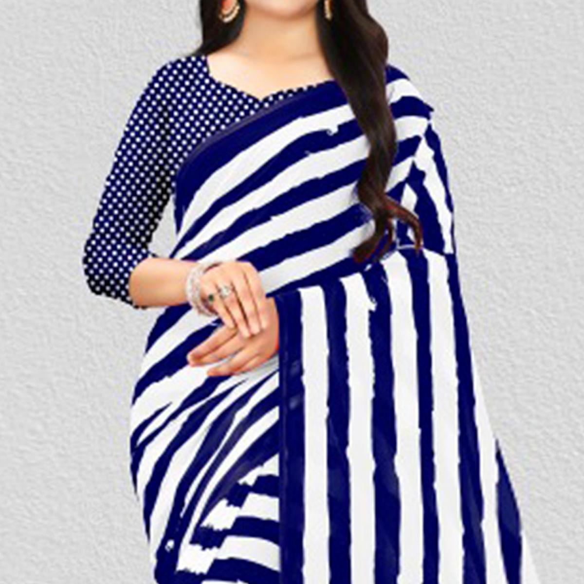 White-Blue Casual Wear Stripe Printed Georgette Saree - Peachmode
