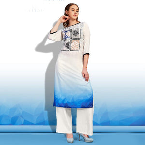 White-Blue Digital Printed Pure Cotton Kurti - Peachmode