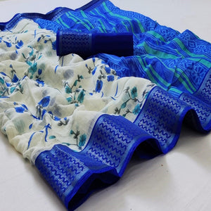 White-Blue Festive Wear Floral Printed Woven Border Cotton Saree - Peachmode