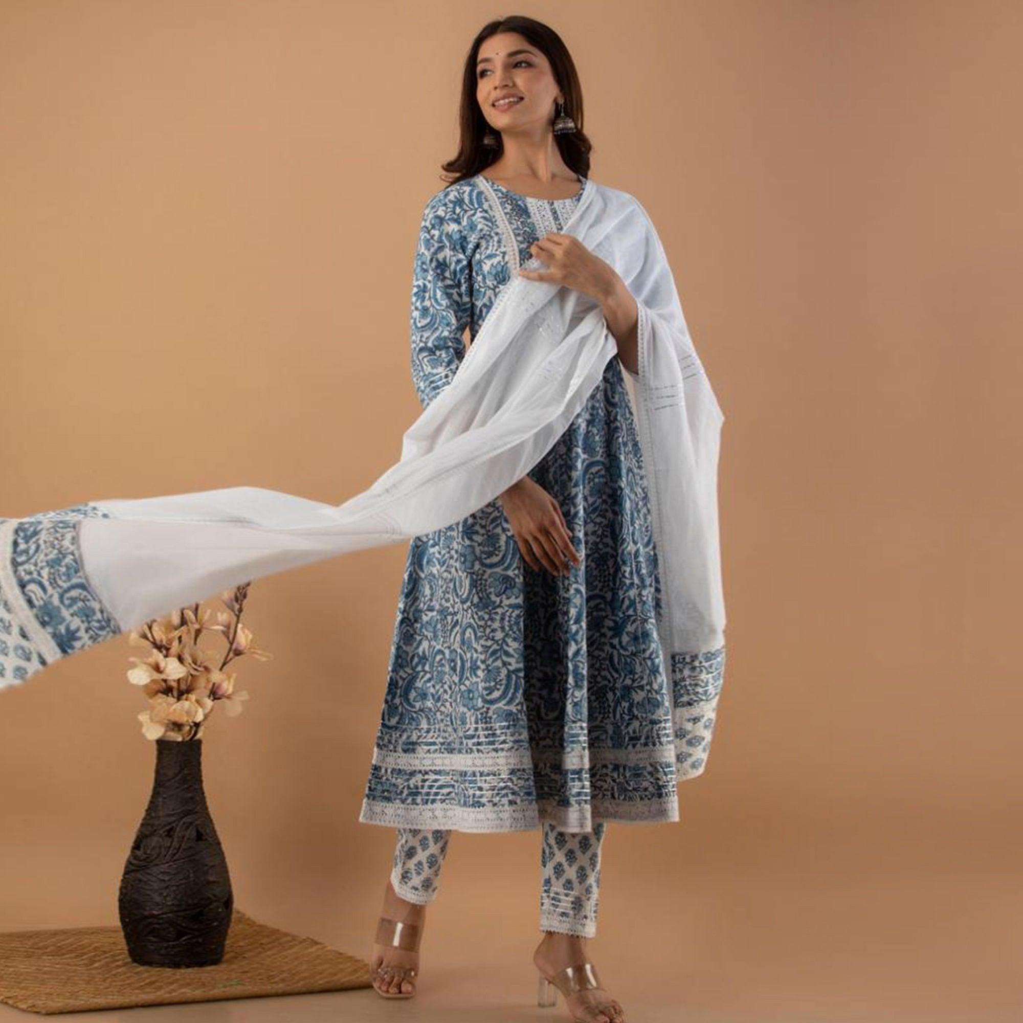 White-Blue Floral Printed Cotton Anarkali Suit - Peachmode
