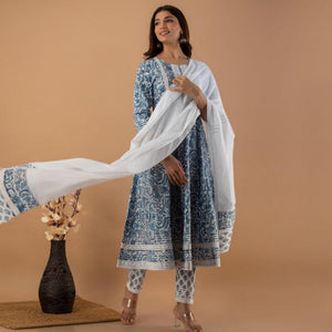 White-Blue Floral Printed Cotton Anarkali Suit - Peachmode