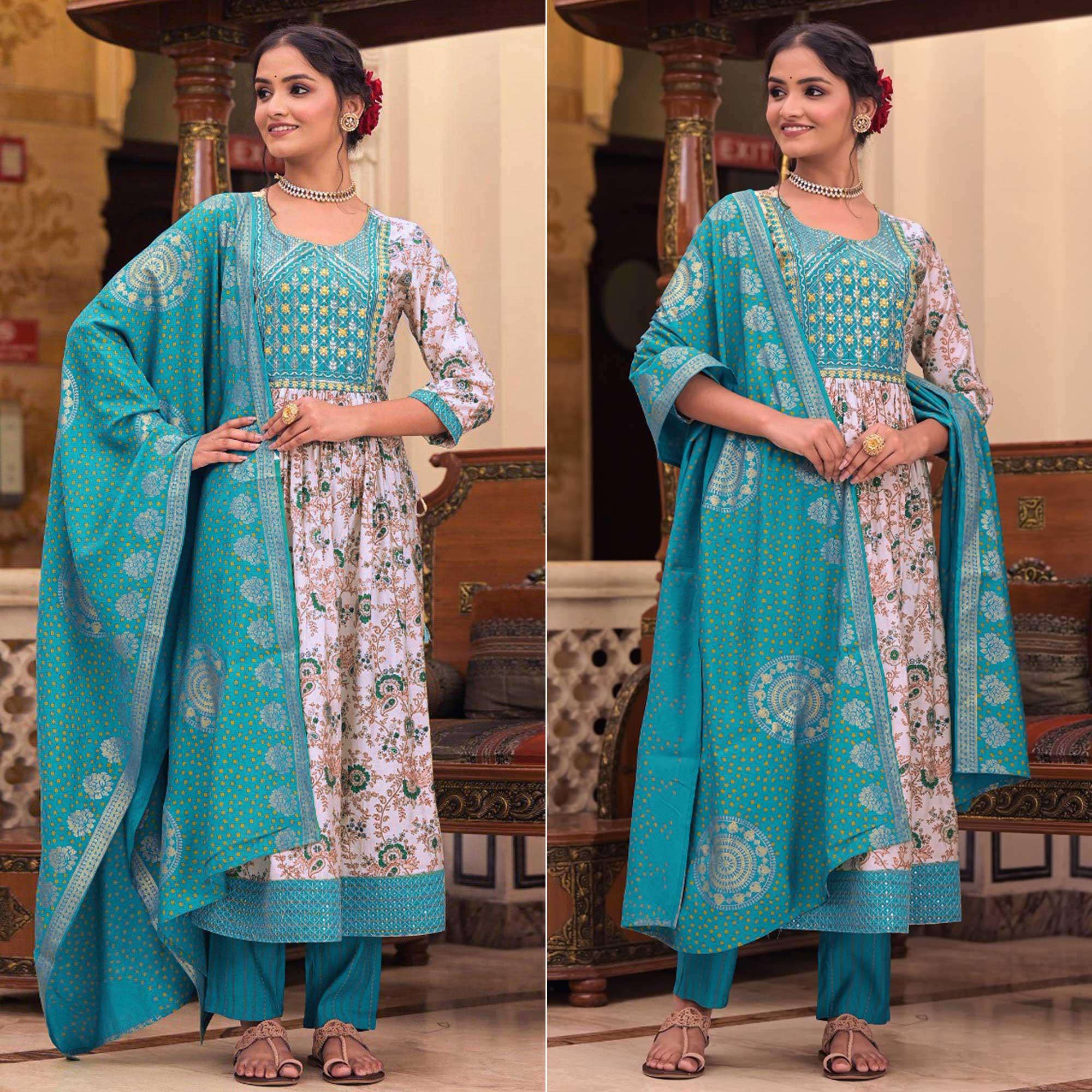 White-Blue Floral Printed With Embroidered Muslin Anarkali Suit - Peachmode