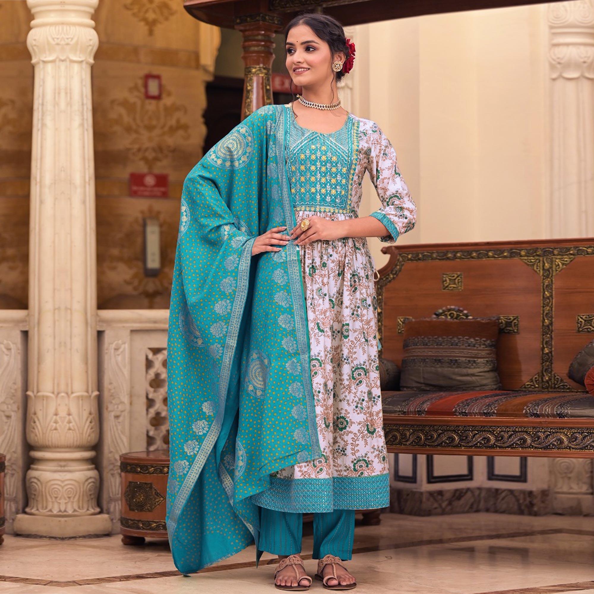 White-Blue Floral Printed With Embroidered Muslin Anarkali Suit - Peachmode