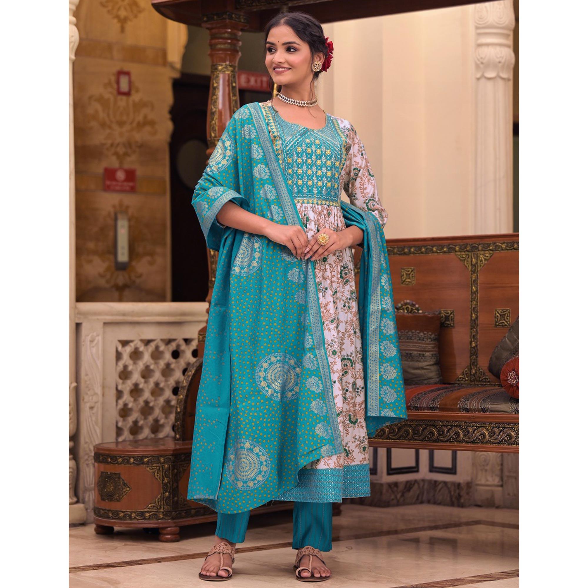 White-Blue Floral Printed With Embroidered Muslin Anarkali Suit - Peachmode