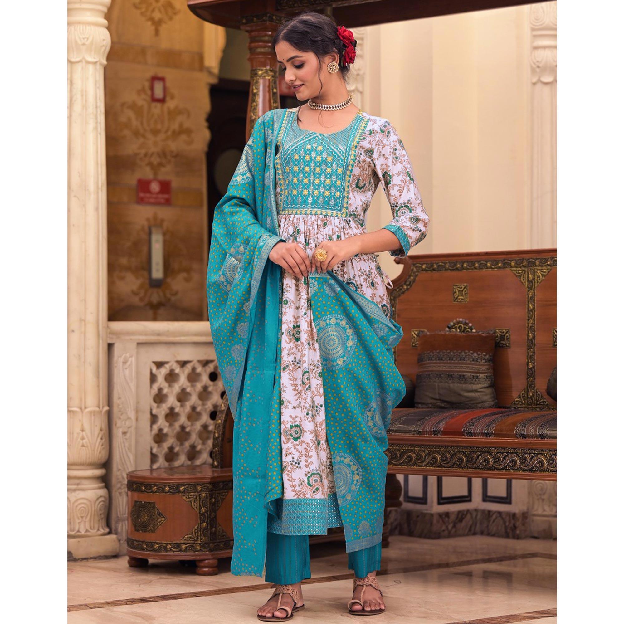 White-Blue Floral Printed With Embroidered Muslin Anarkali Suit - Peachmode