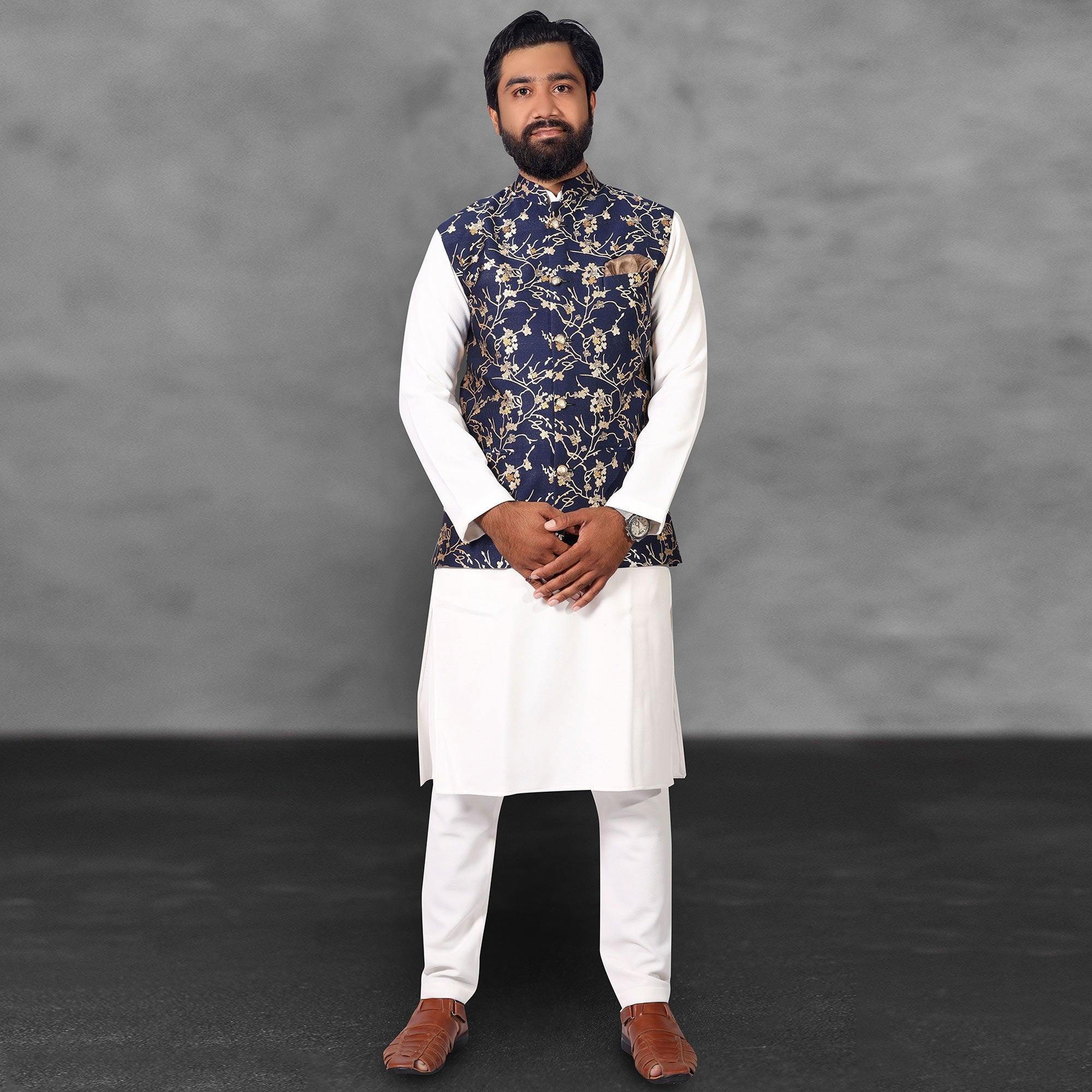 White-Blue Floral Woven Pure Cotton Men's Kurta Pyjama Set With Jacket - Peachmode