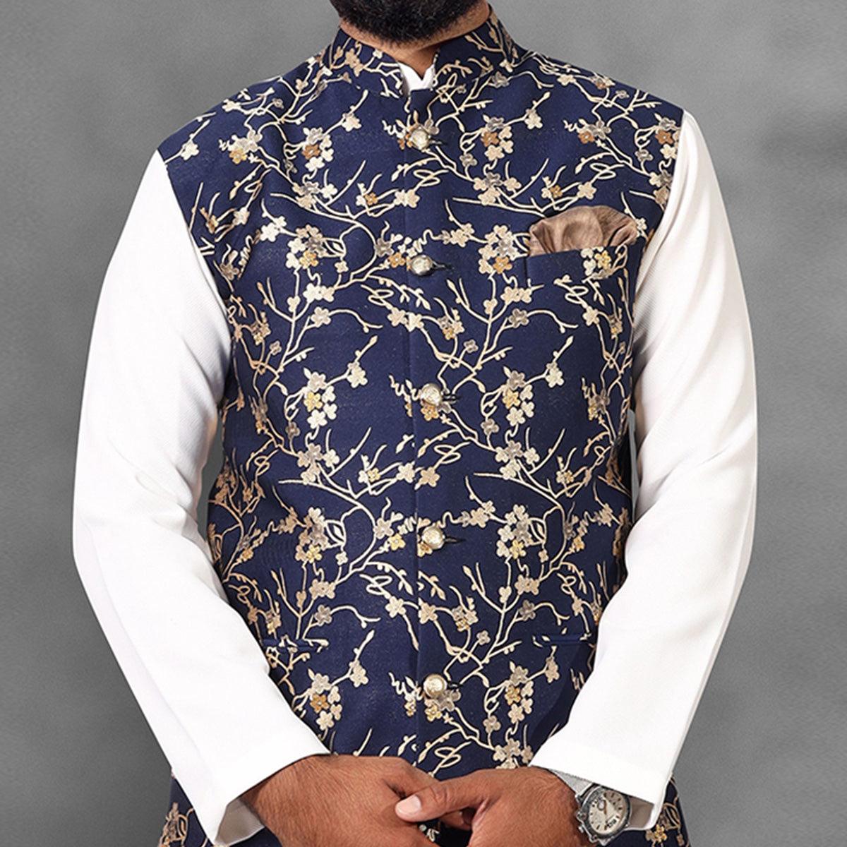 White-Blue Floral Woven Pure Cotton Men's Kurta Pyjama Set With Jacket - Peachmode