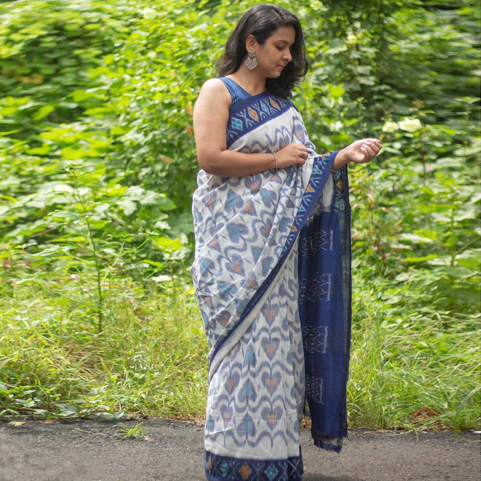 White-Blue Ikkat Printed Linen Saree - Peachmode