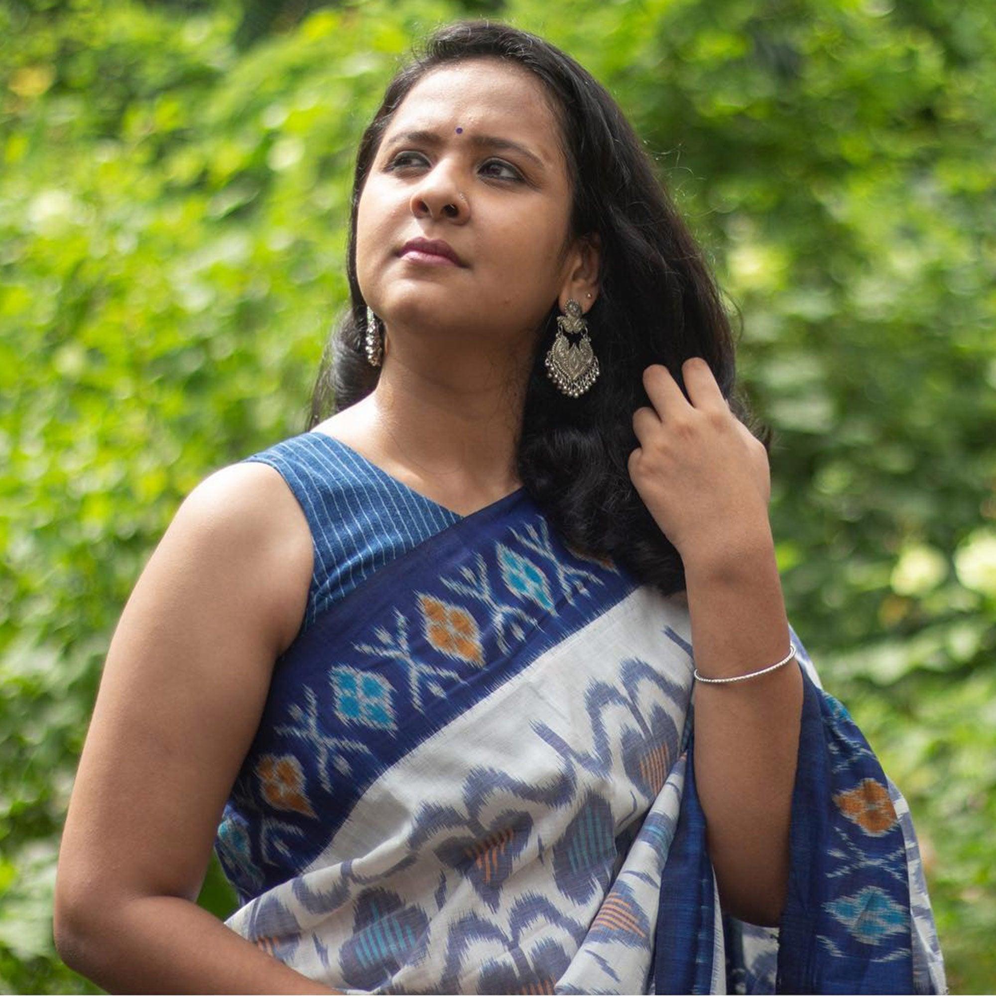 White-Blue Ikkat Printed Linen Saree - Peachmode