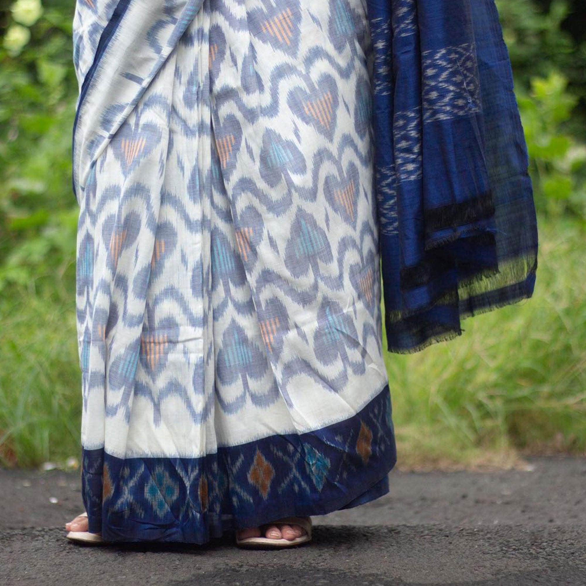 White-Blue Ikkat Printed Linen Saree - Peachmode