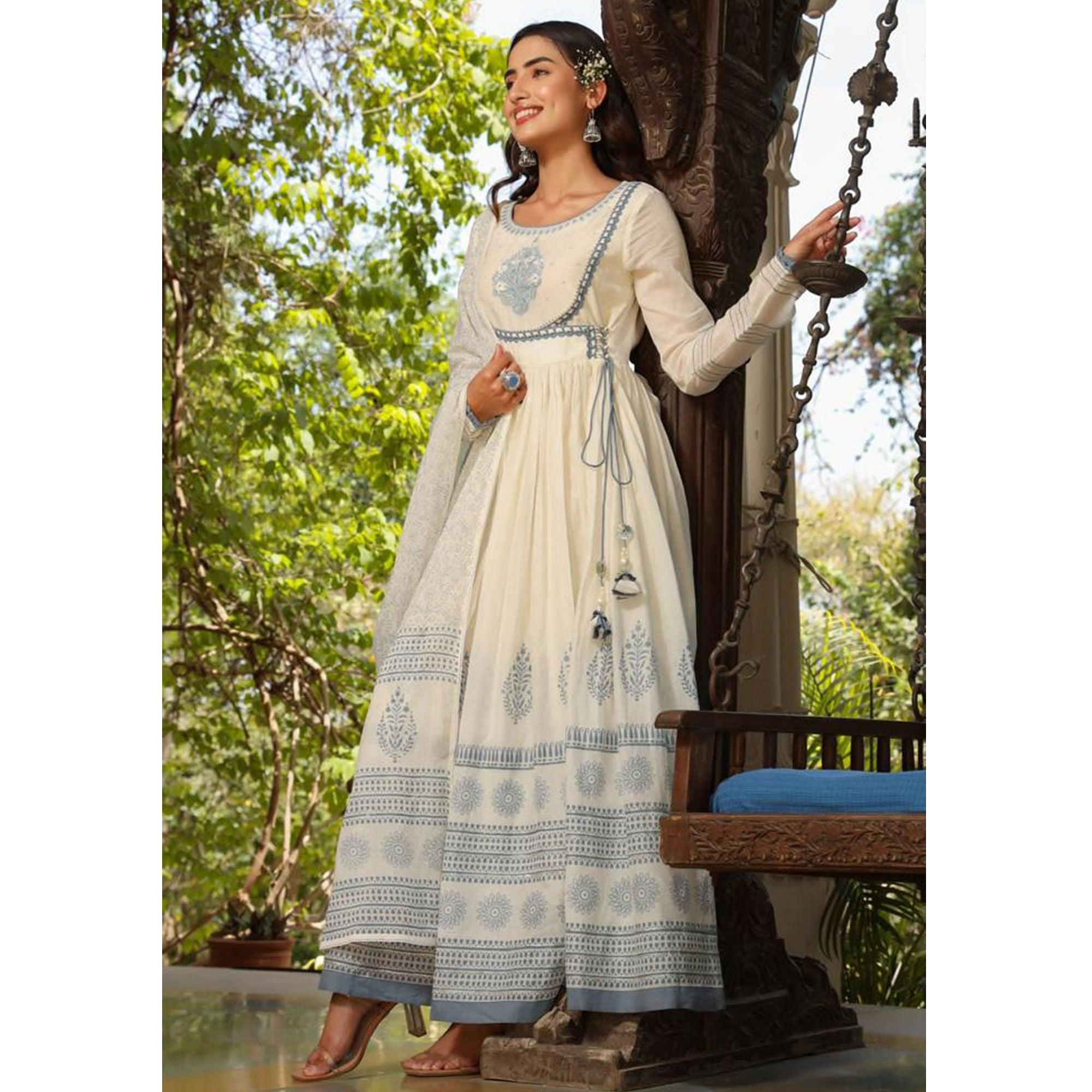 White-Blue Partywear Printed Cotton Anarkali Suit - Peachmode