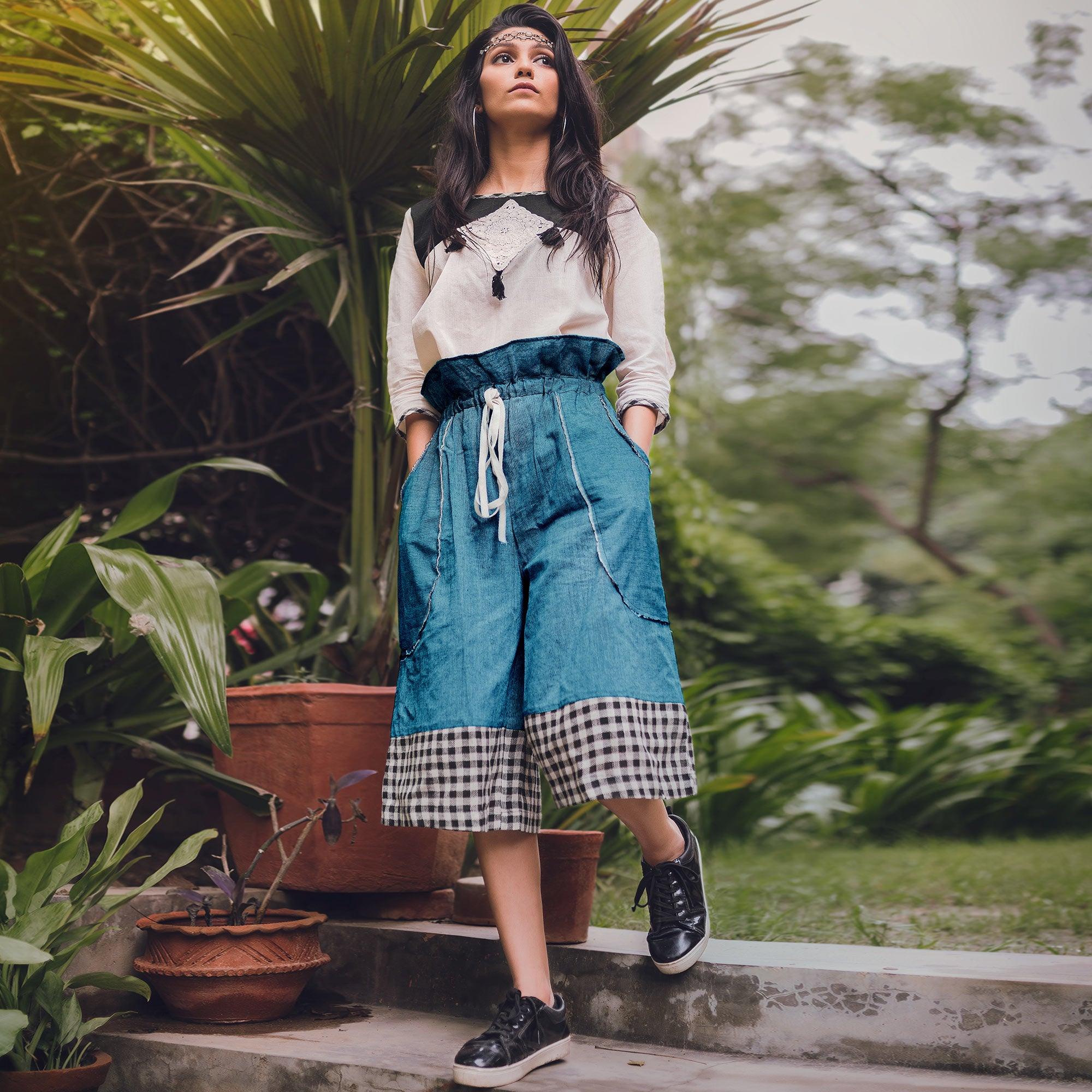 White-Blue Printed Khadi Top-Bottom Set - Peachmode