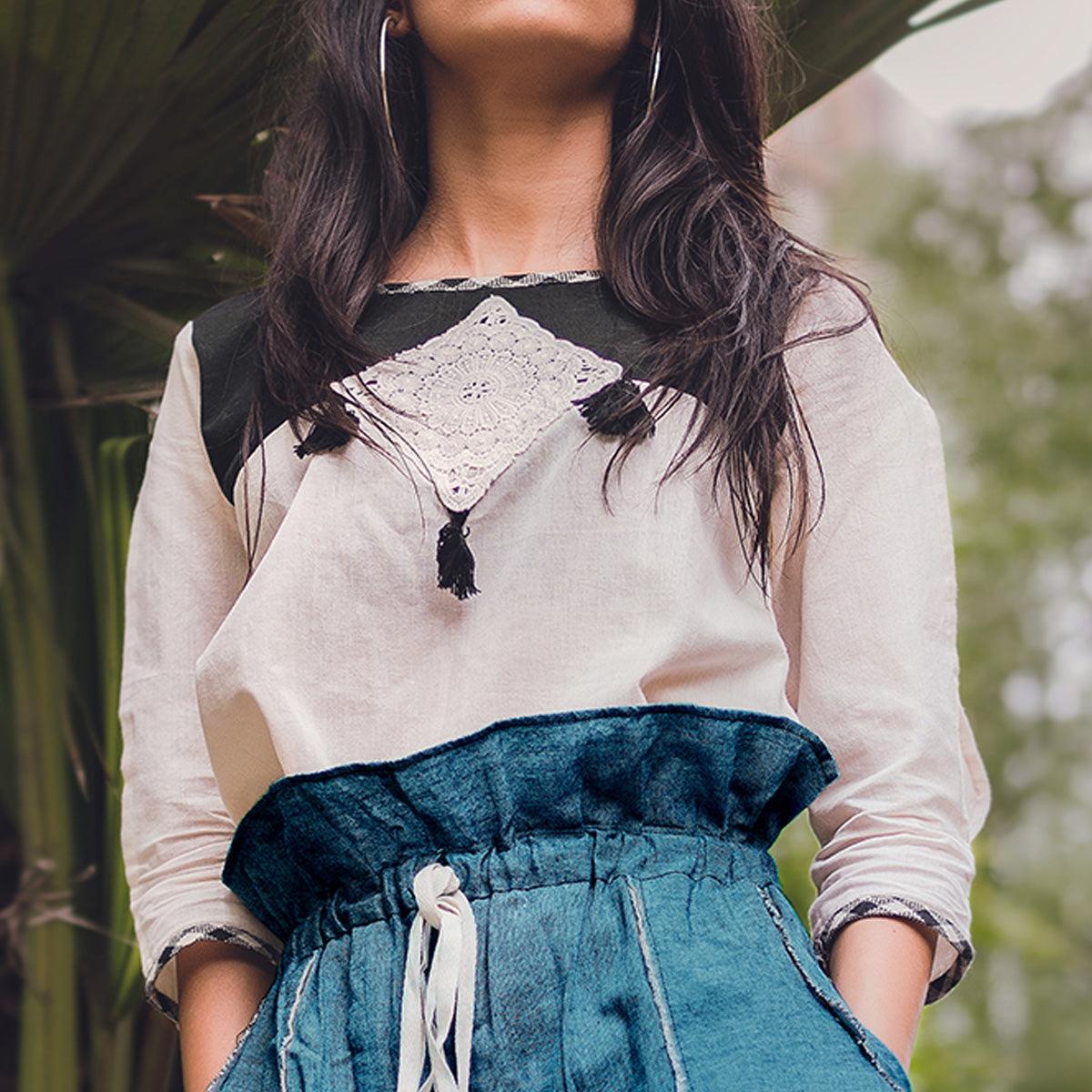 White-Blue Printed Khadi Top-Bottom Set - Peachmode