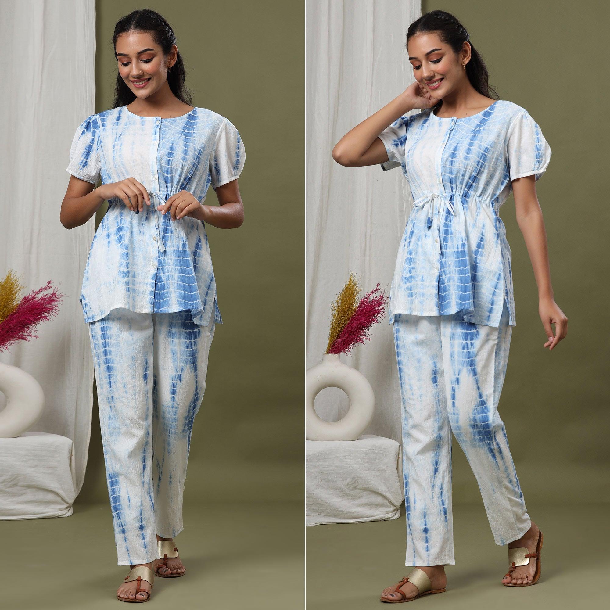 White-Blue Printed Pure Cotton Night Suit - Peachmode