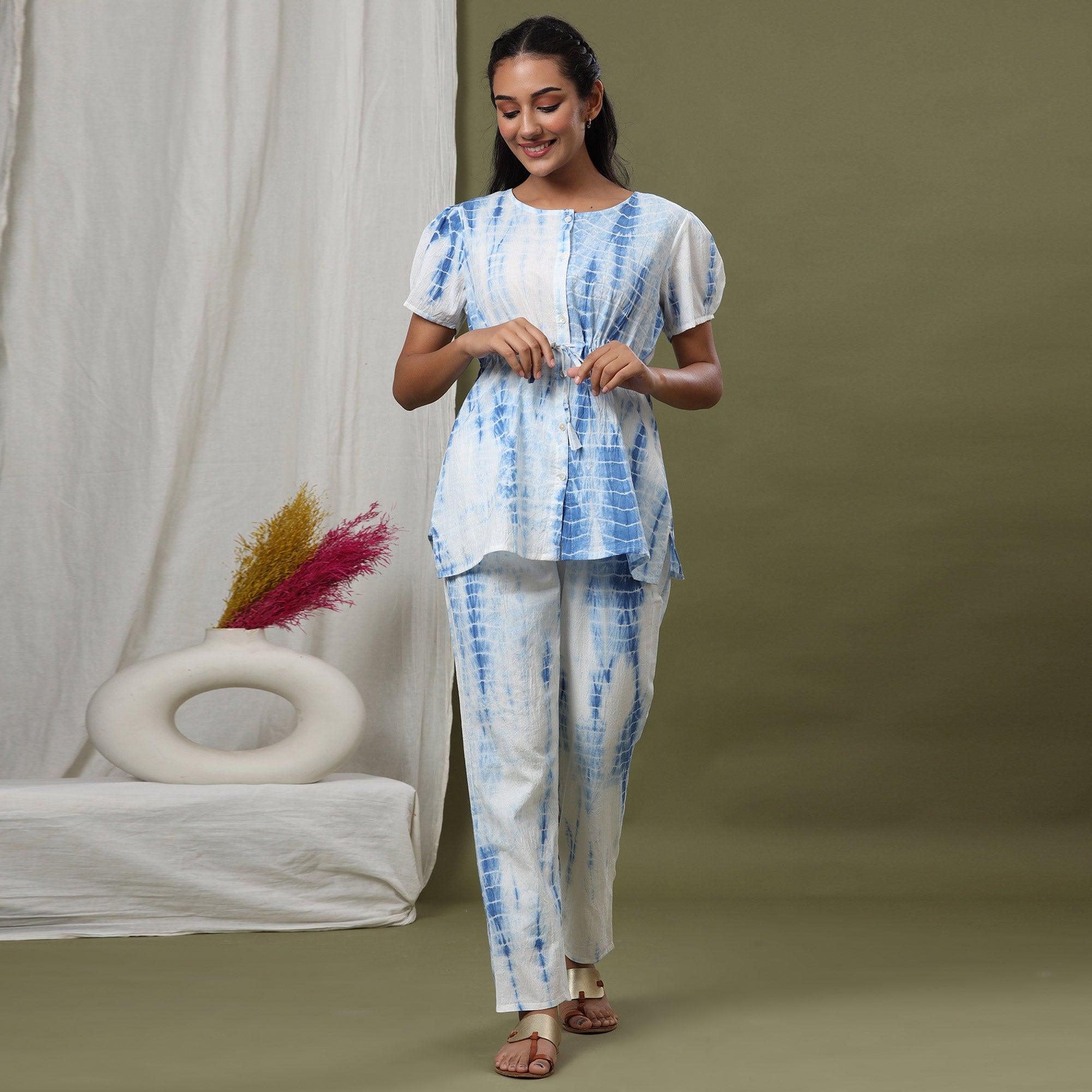 White-Blue Printed Pure Cotton Night Suit - Peachmode