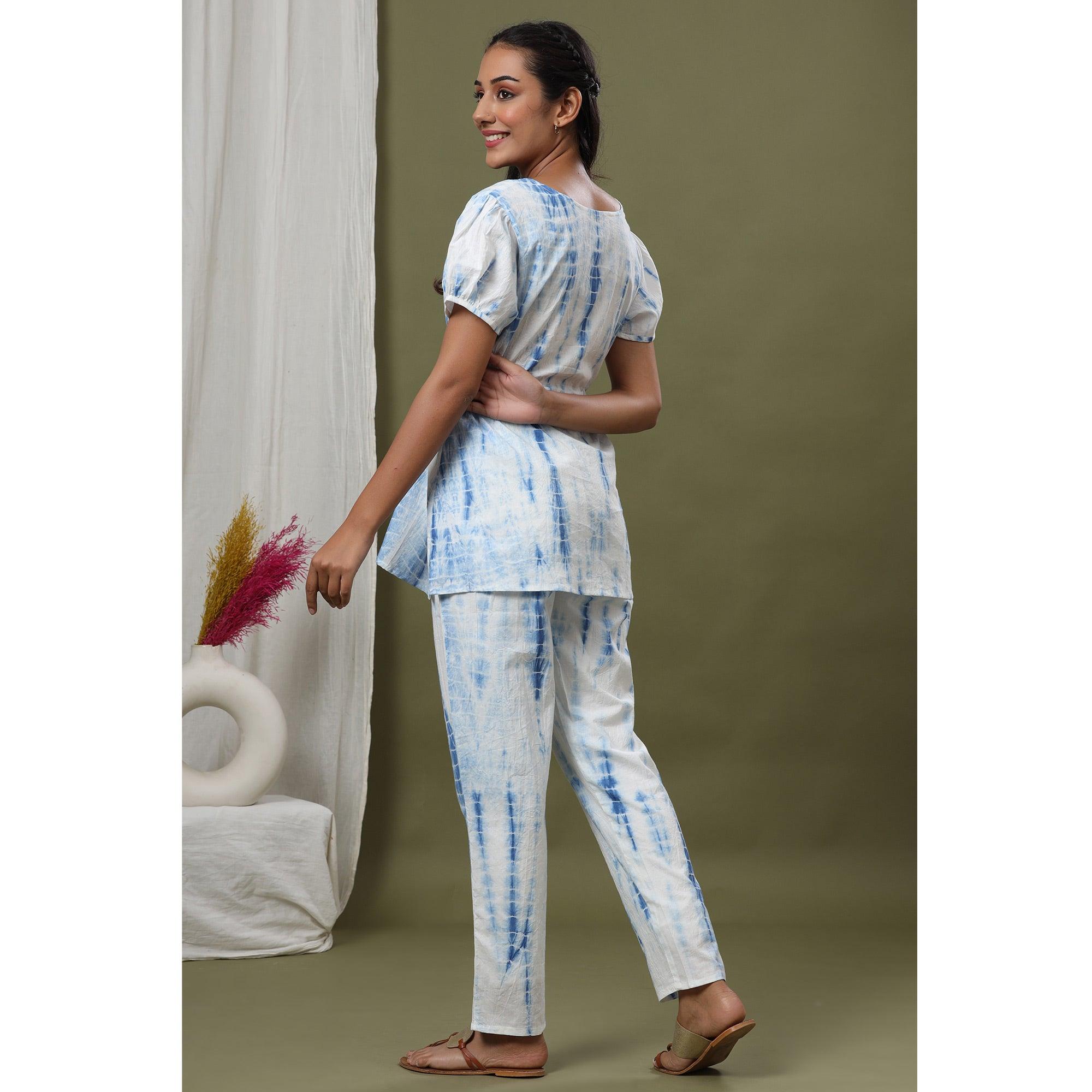 White-Blue Printed Pure Cotton Night Suit - Peachmode