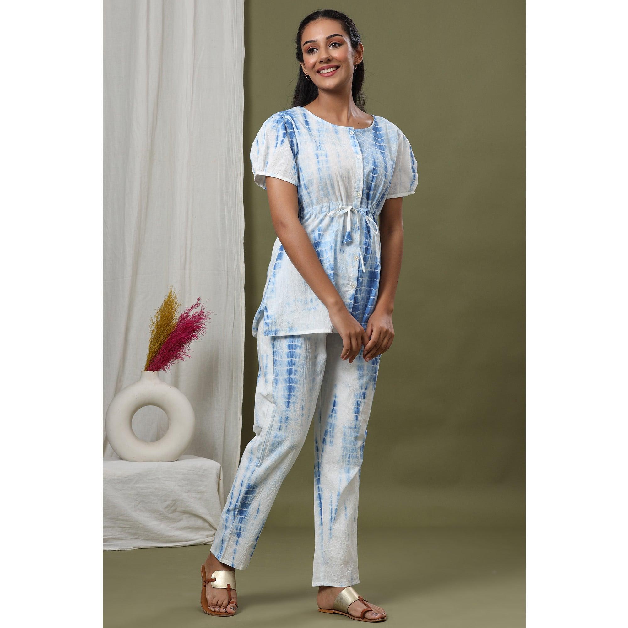 White-Blue Printed Pure Cotton Night Suit - Peachmode
