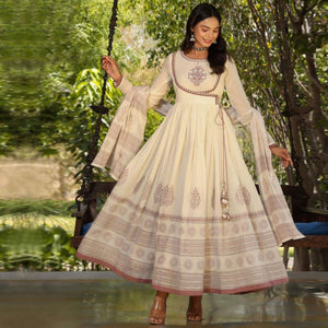 White-Brown Partywear Printed Cotton Anarkali Suit - Peachmode