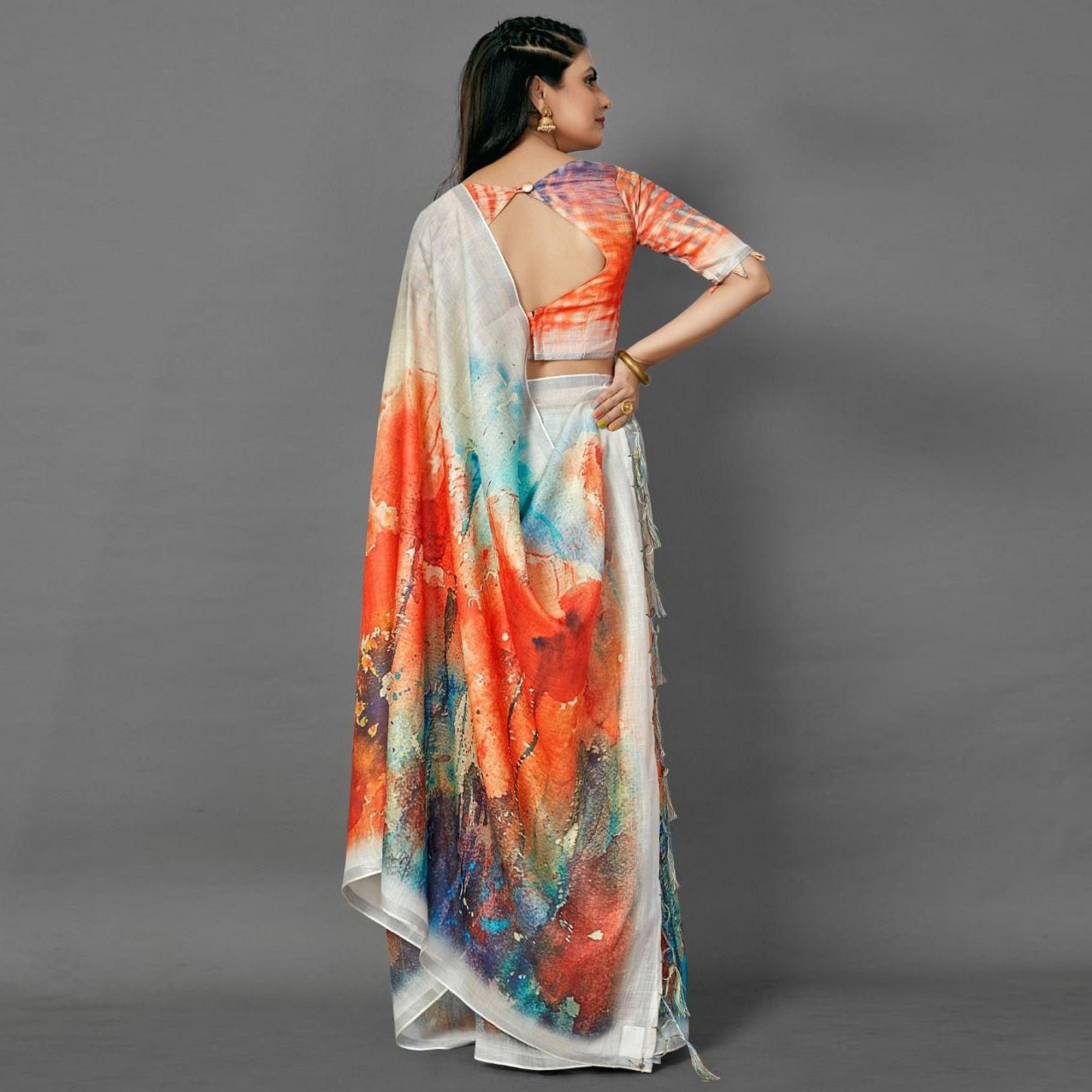 White Casual Pure Linen Digital Print Saree With Unstitched Blouse - Peachmode