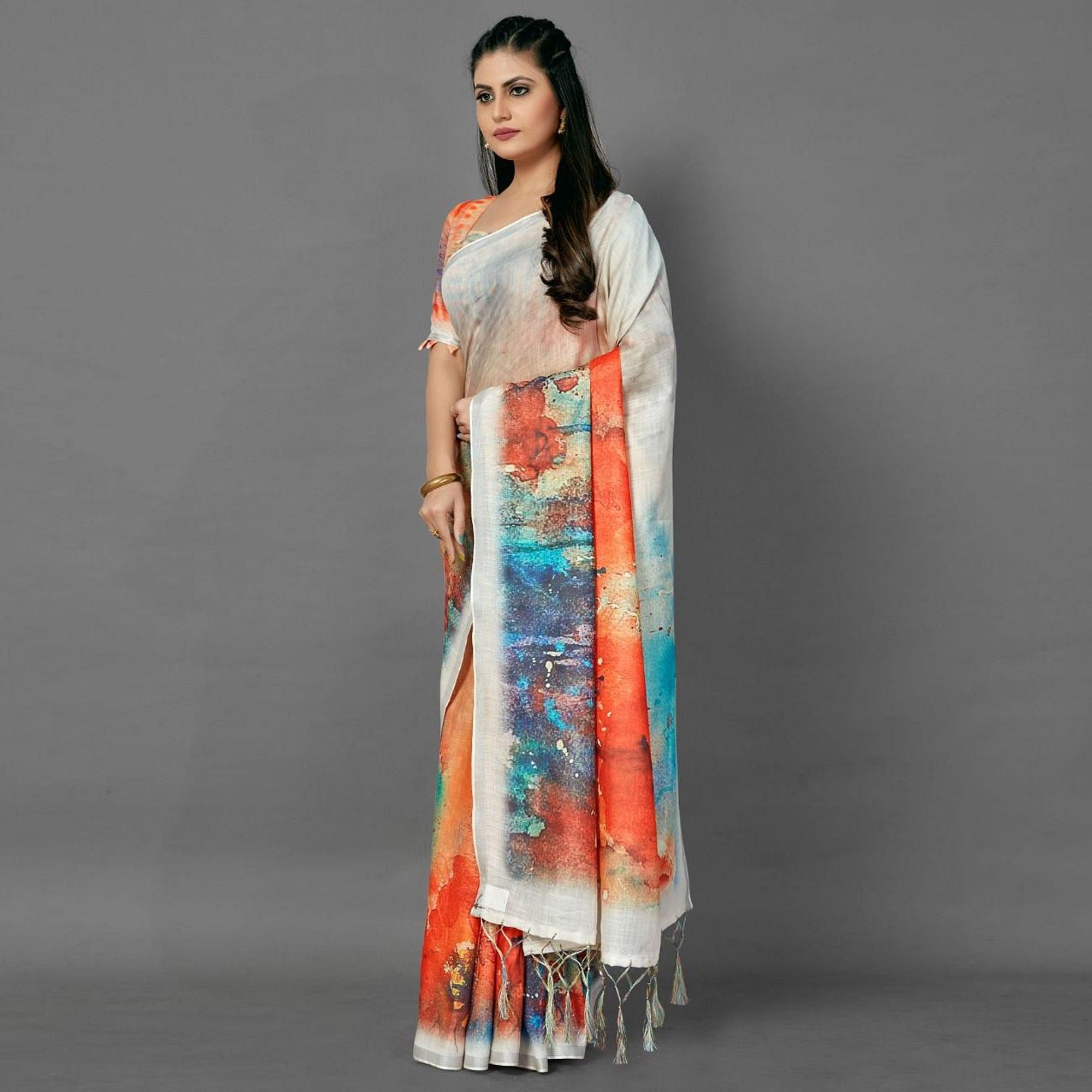 White Casual Pure Linen Digital Print Saree With Unstitched Blouse - Peachmode