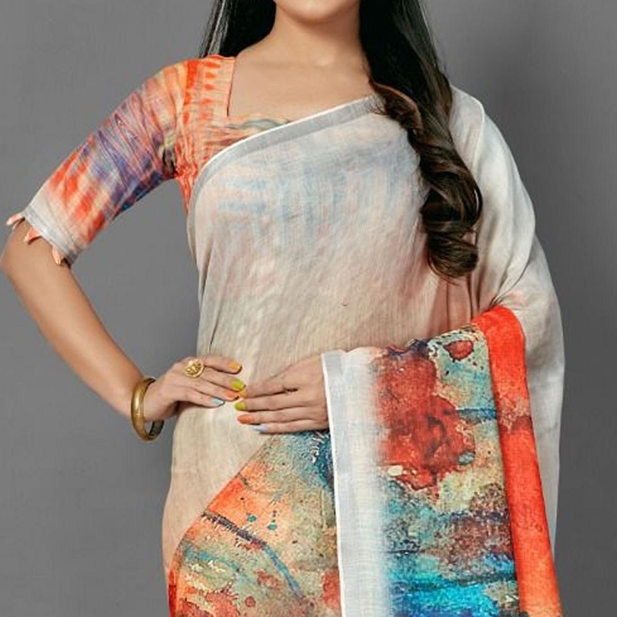 White Casual Pure Linen Digital Print Saree With Unstitched Blouse - Peachmode