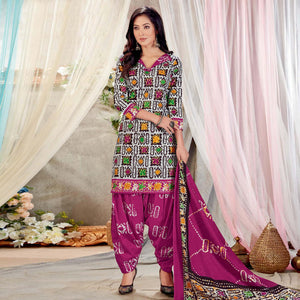 White Casual Wear Batik Printed Cotton Patiala Dress Material - Peachmode