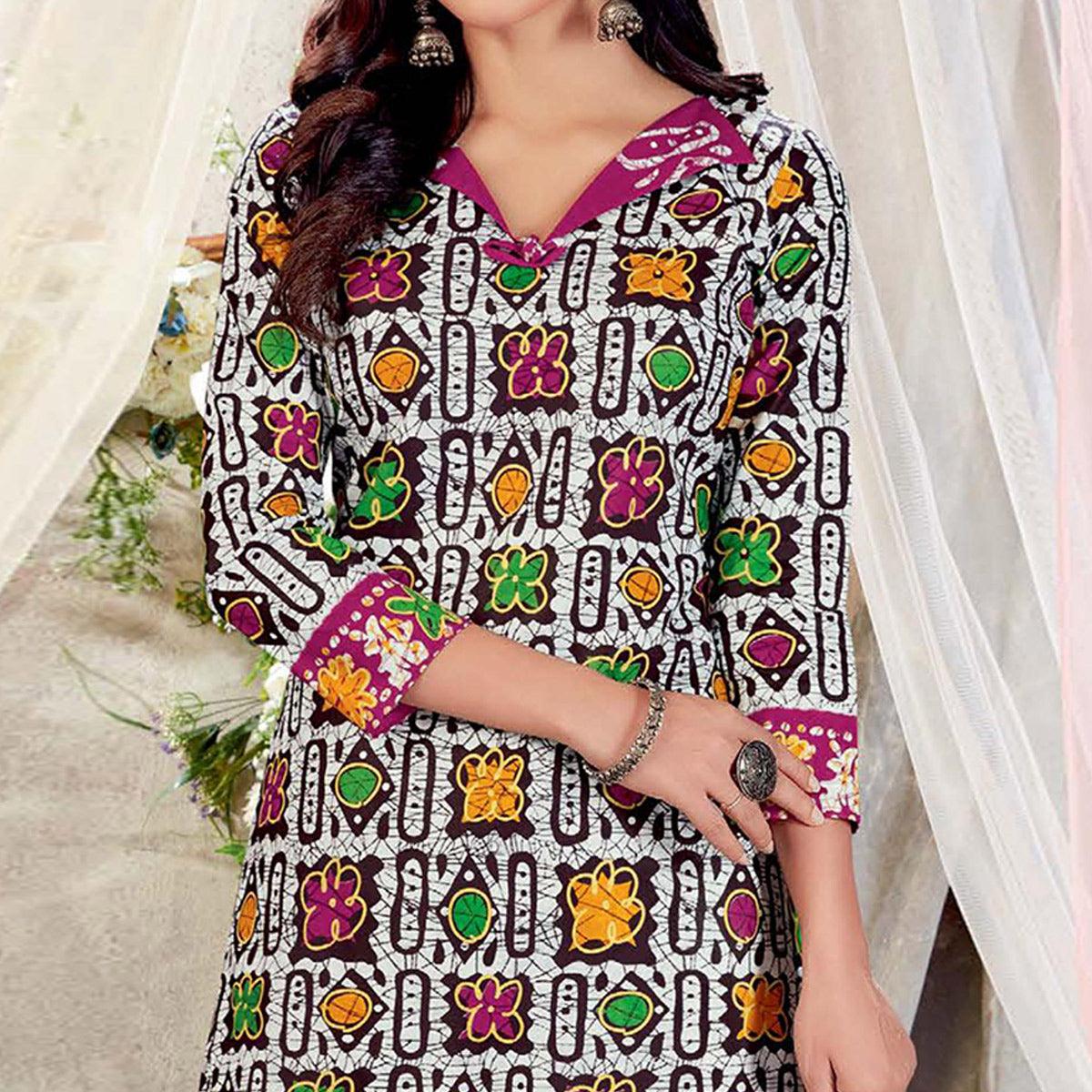 White Casual Wear Batik Printed Cotton Patiala Dress Material