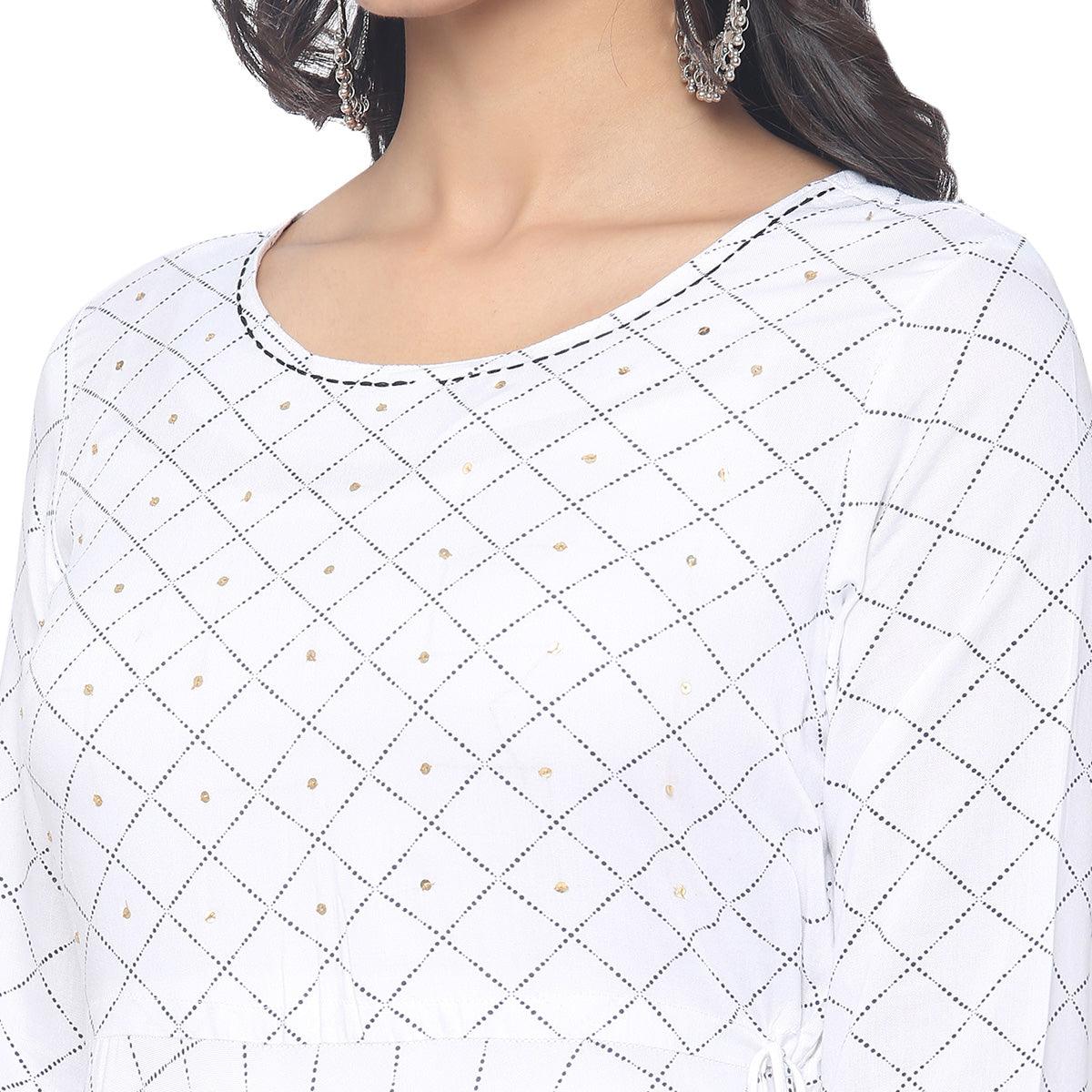 White Casual Wear Checks Printed Rayon Long Kurti - Peachmode