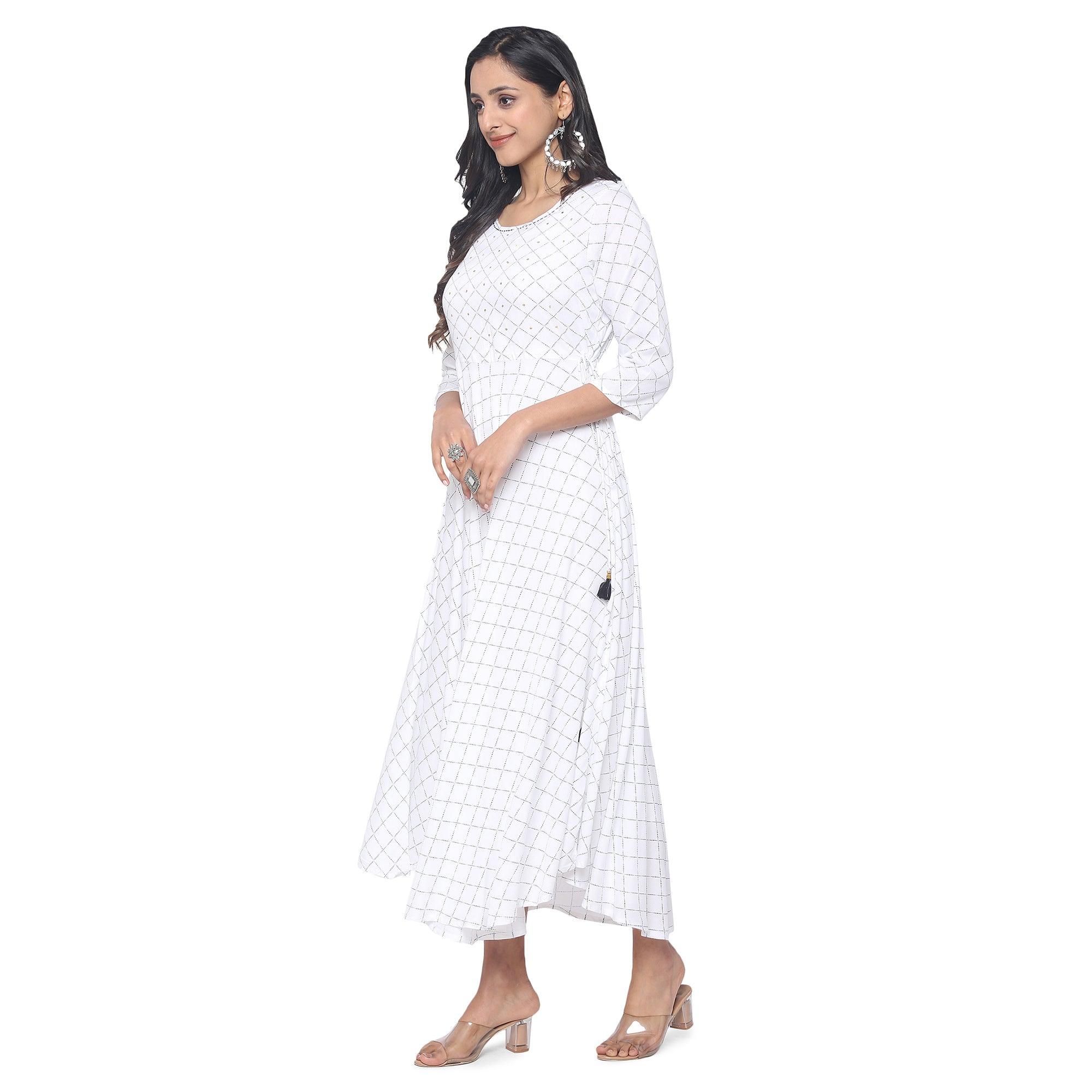 White Casual Wear Checks Printed Rayon Long Kurti - Peachmode