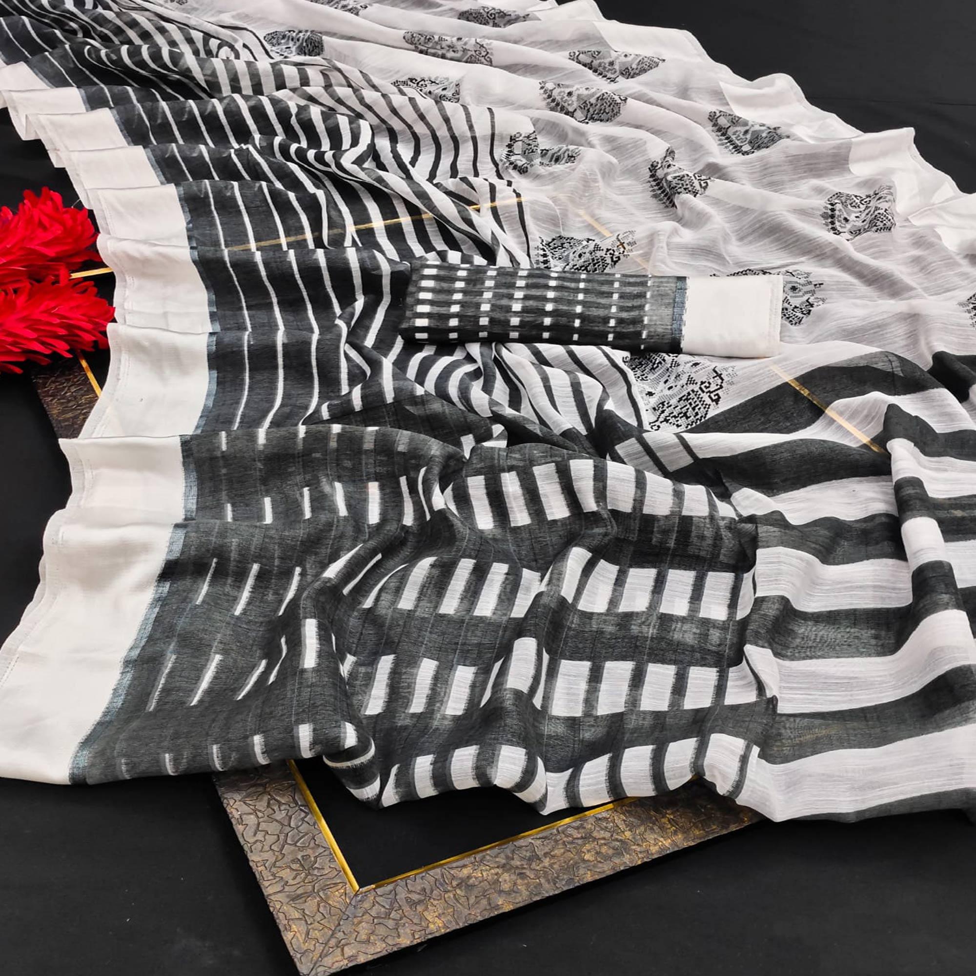 White Casual Wear Digital Printed Cotton Saree - Peachmode