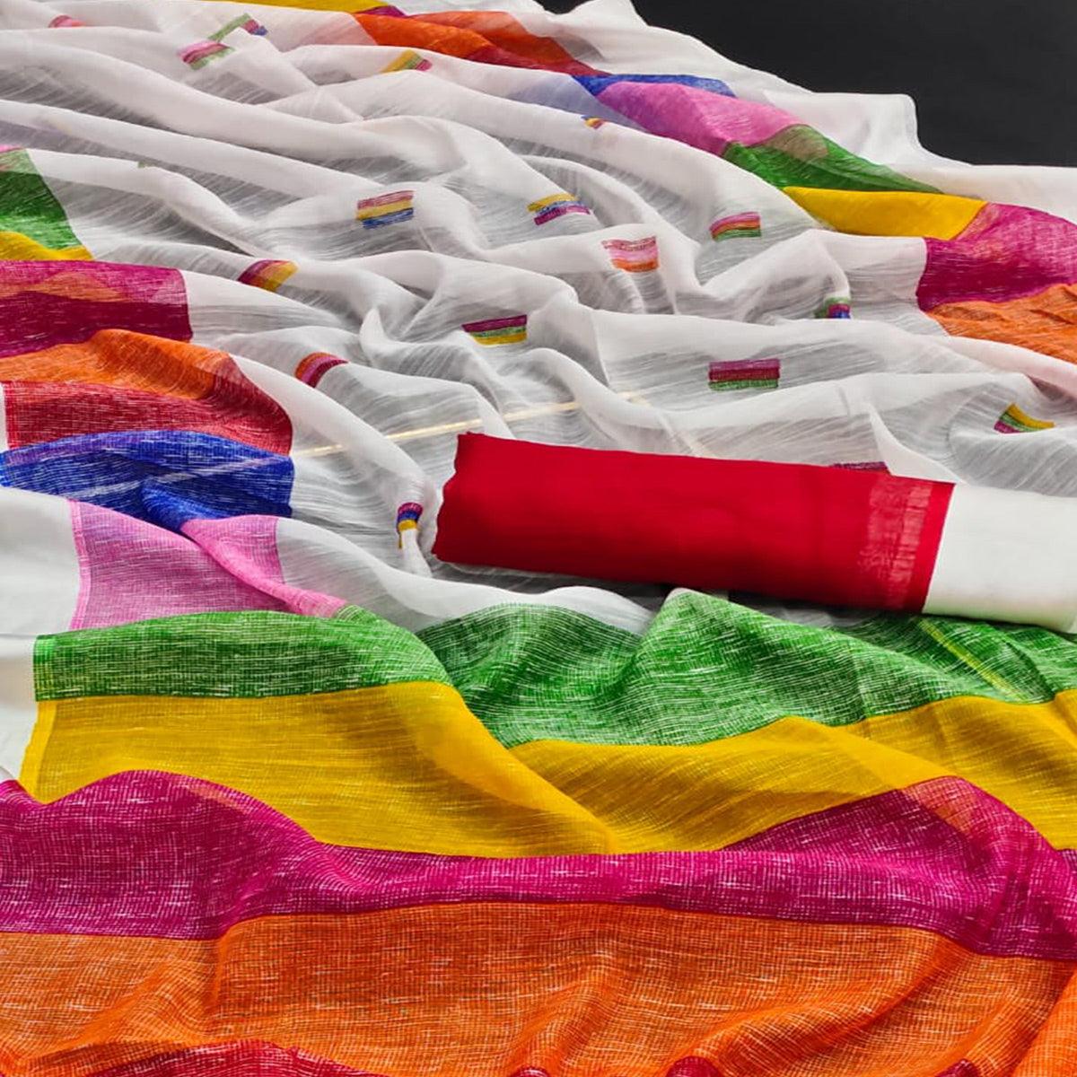 White Casual Wear Digital Printed Cotton Saree - Peachmode
