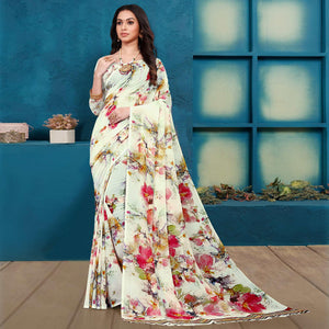 White Casual Wear Digital Printed Georgette Saree - Peachmode