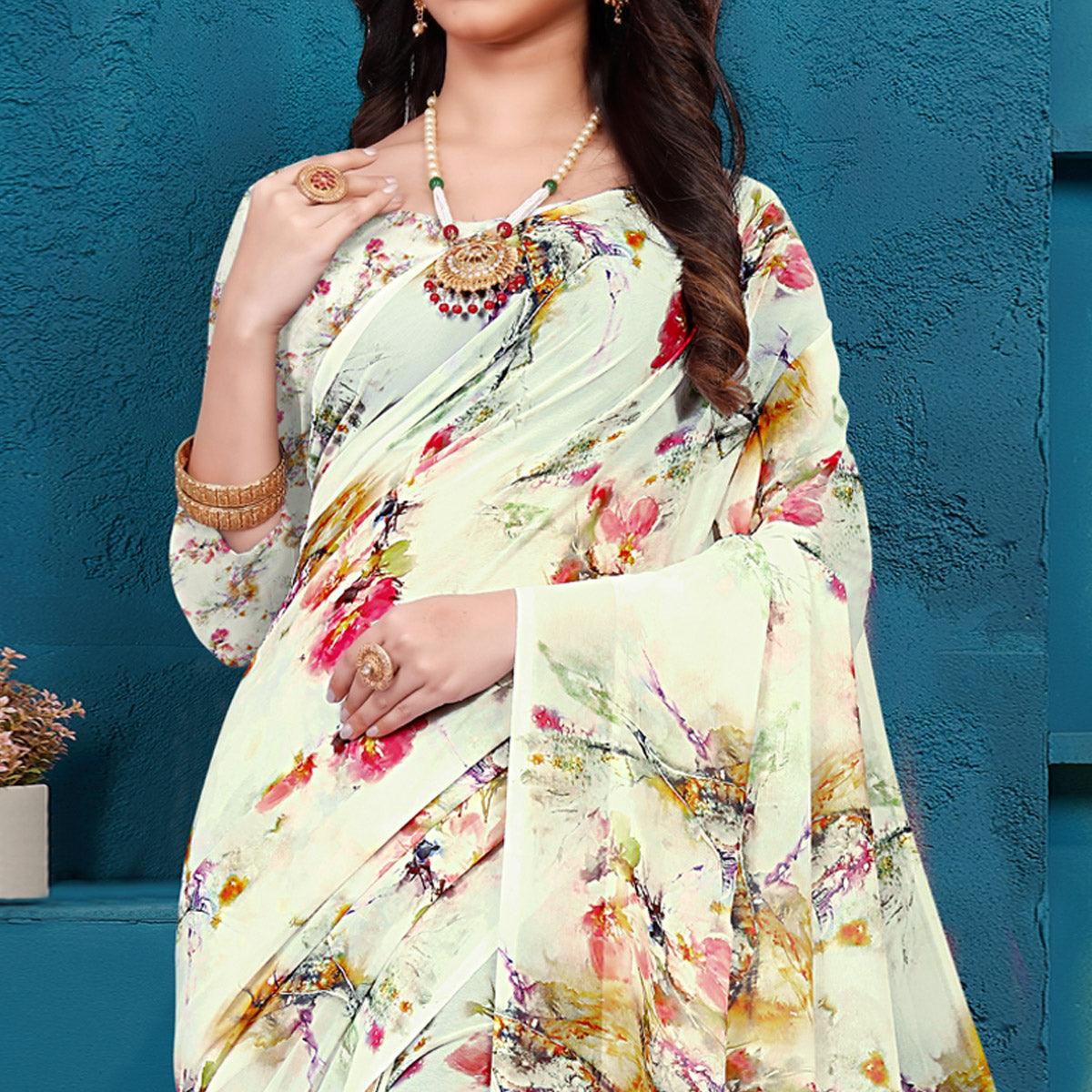 White Casual Wear Digital Printed Georgette Saree - Peachmode