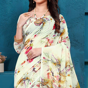 White Casual Wear Digital Printed Georgette Saree - Peachmode