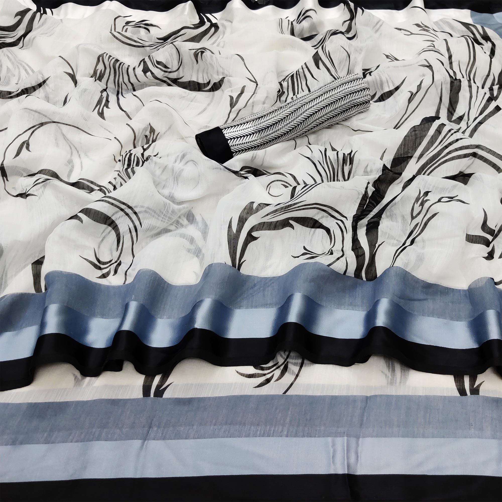 White Casual Wear Digital Printed linen Saree - Peachmode