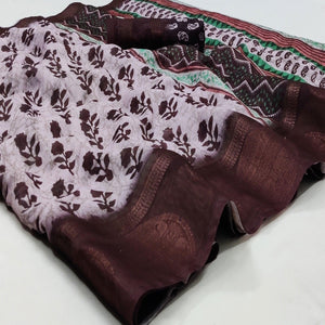 White Casual Wear Digital Printed Linen Saree Woven Border - Peachmode