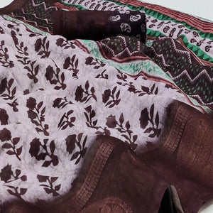 White Casual Wear Digital Printed Linen Saree Woven Border - Peachmode