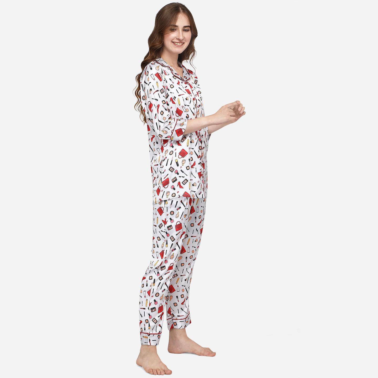 White Casual Wear Digital Printed Satin Night Suit - Peachmode