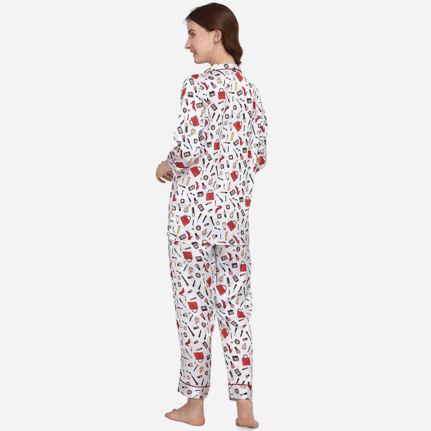 White Casual Wear Digital Printed Satin Night Suit - Peachmode