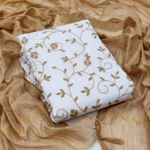 White Casual Wear Embroidered Chanderi Dress Material - Peachmode
