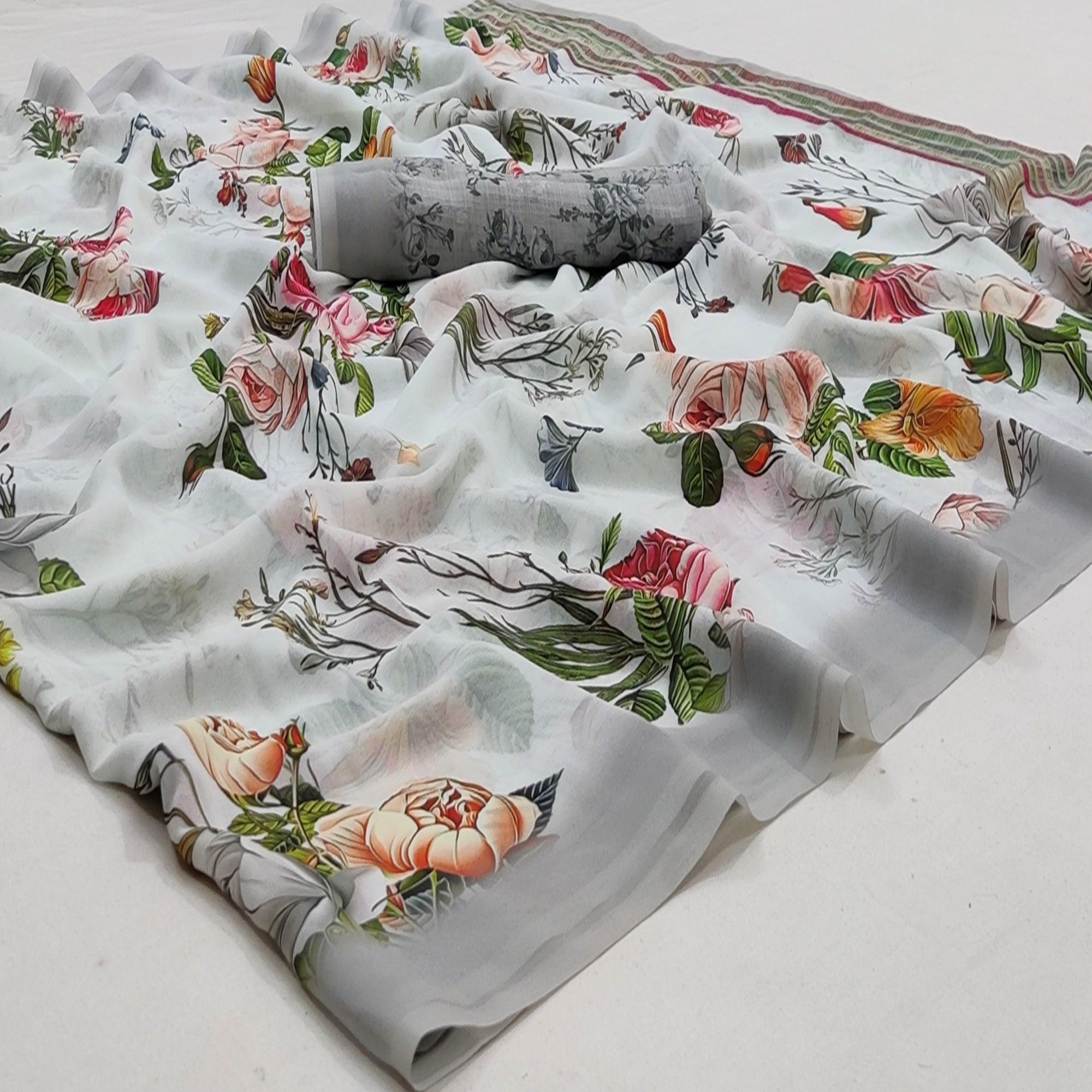 White Casual Wear Floral Digital Printed Georgette Saree - Peachmode