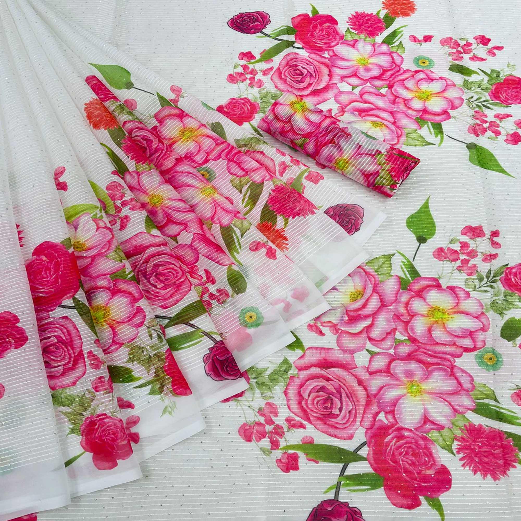 White Casual Wear Floral Digital Printed Georgette Saree - Peachmode