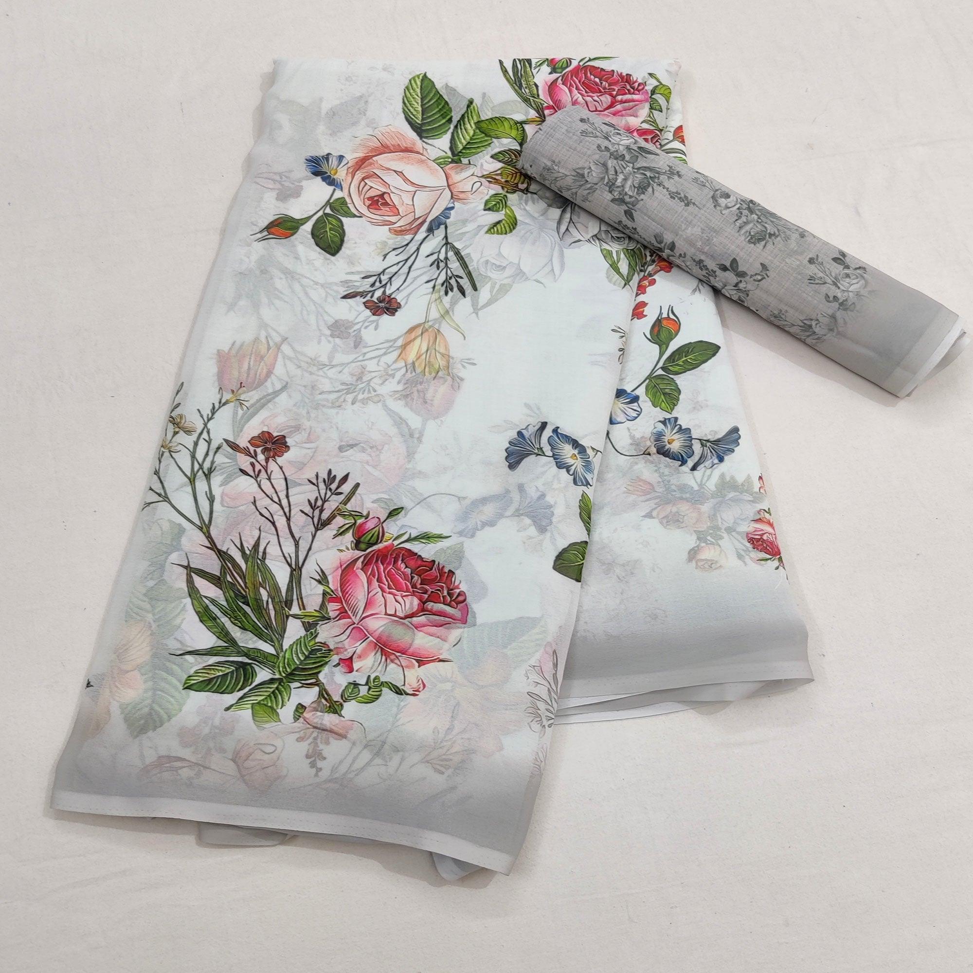 White Casual Wear Floral Digital Printed Georgette Saree - Peachmode