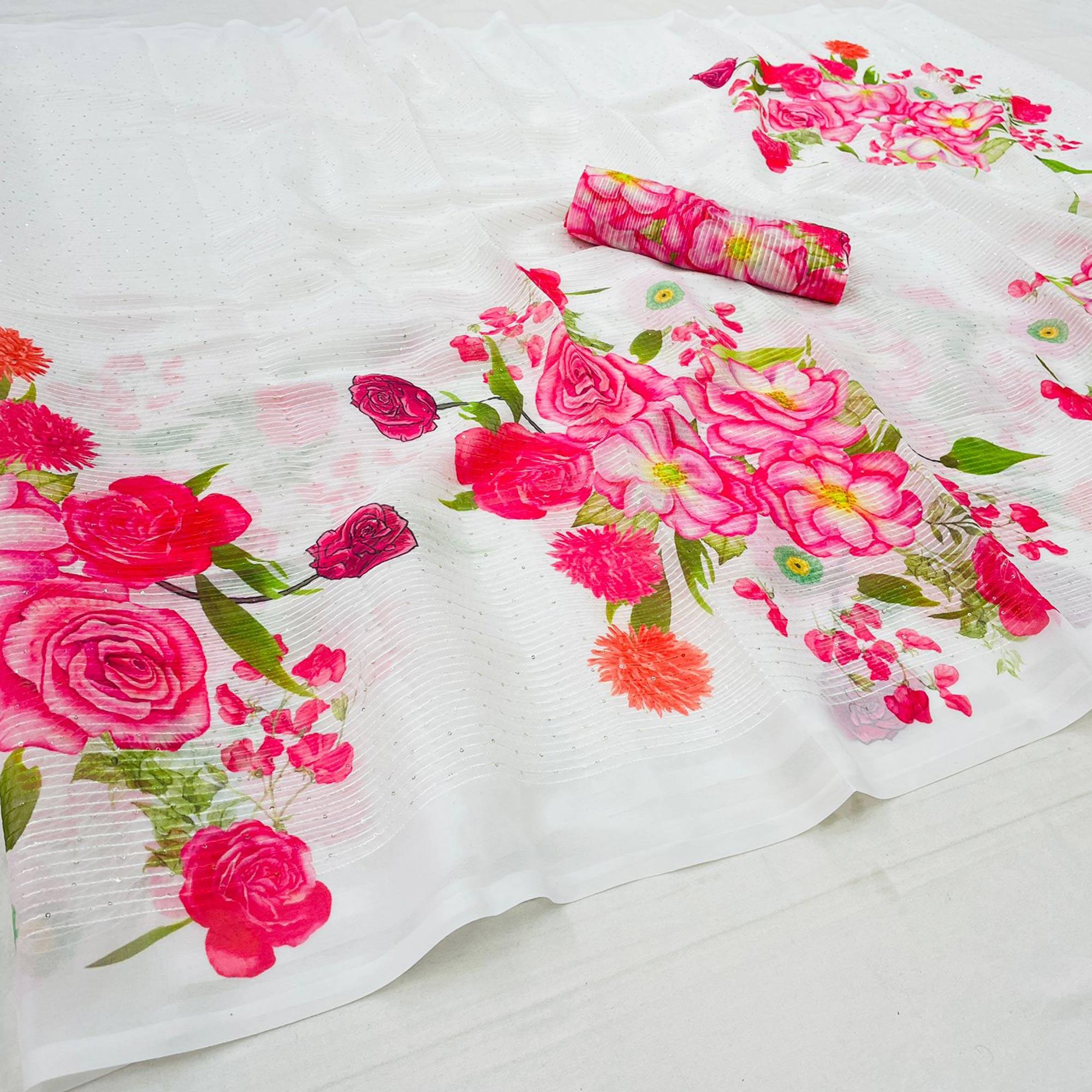 White Casual Wear Floral Digital Printed Georgette Saree - Peachmode