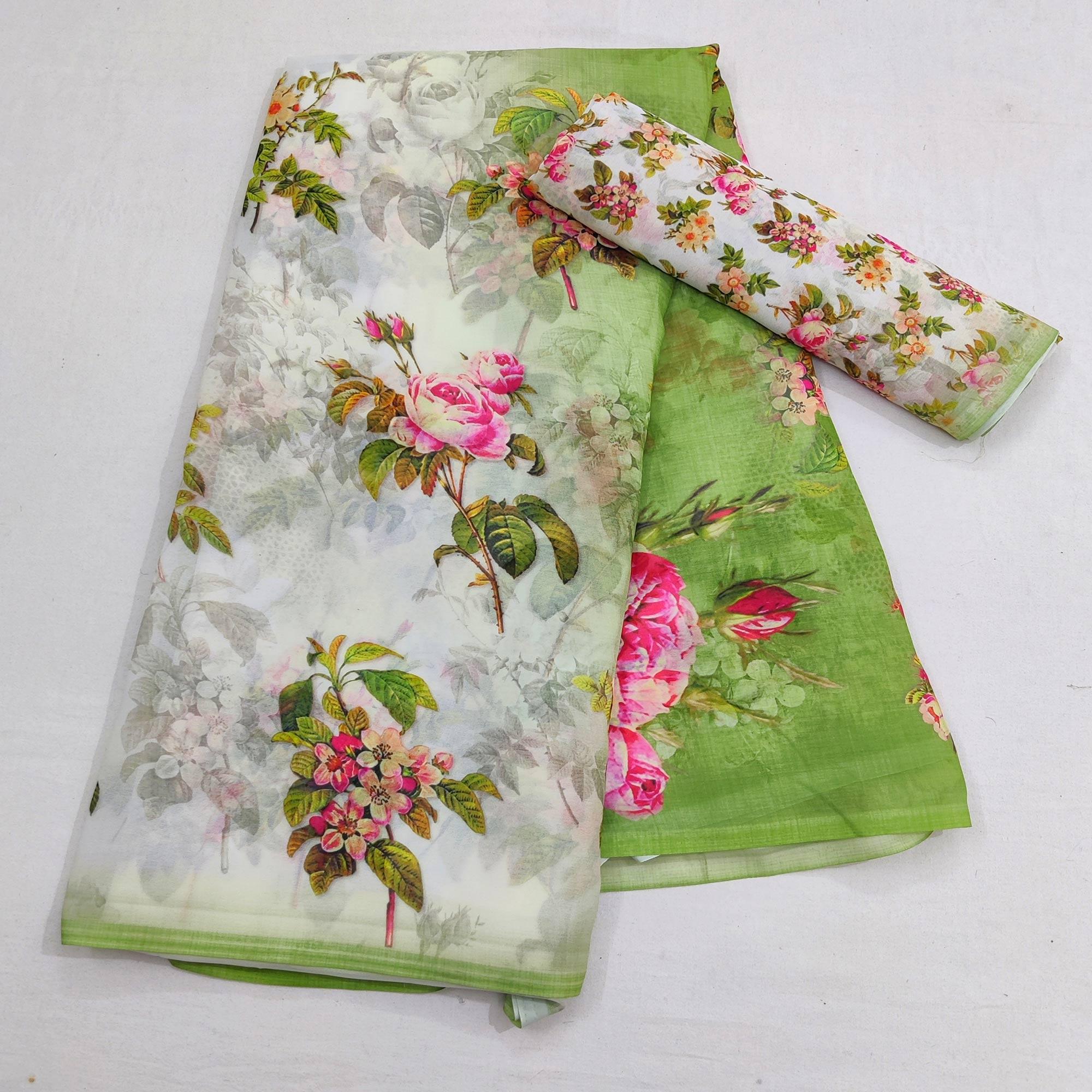 White Casual Wear Floral Digital Printed Georgette Saree - Peachmode